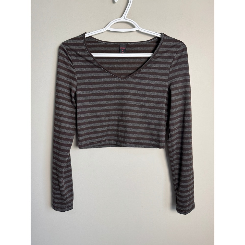 Romwe Womens Burgundy Gray Striped V-Neck Crop Top S Y2K Indie Grunge Casual